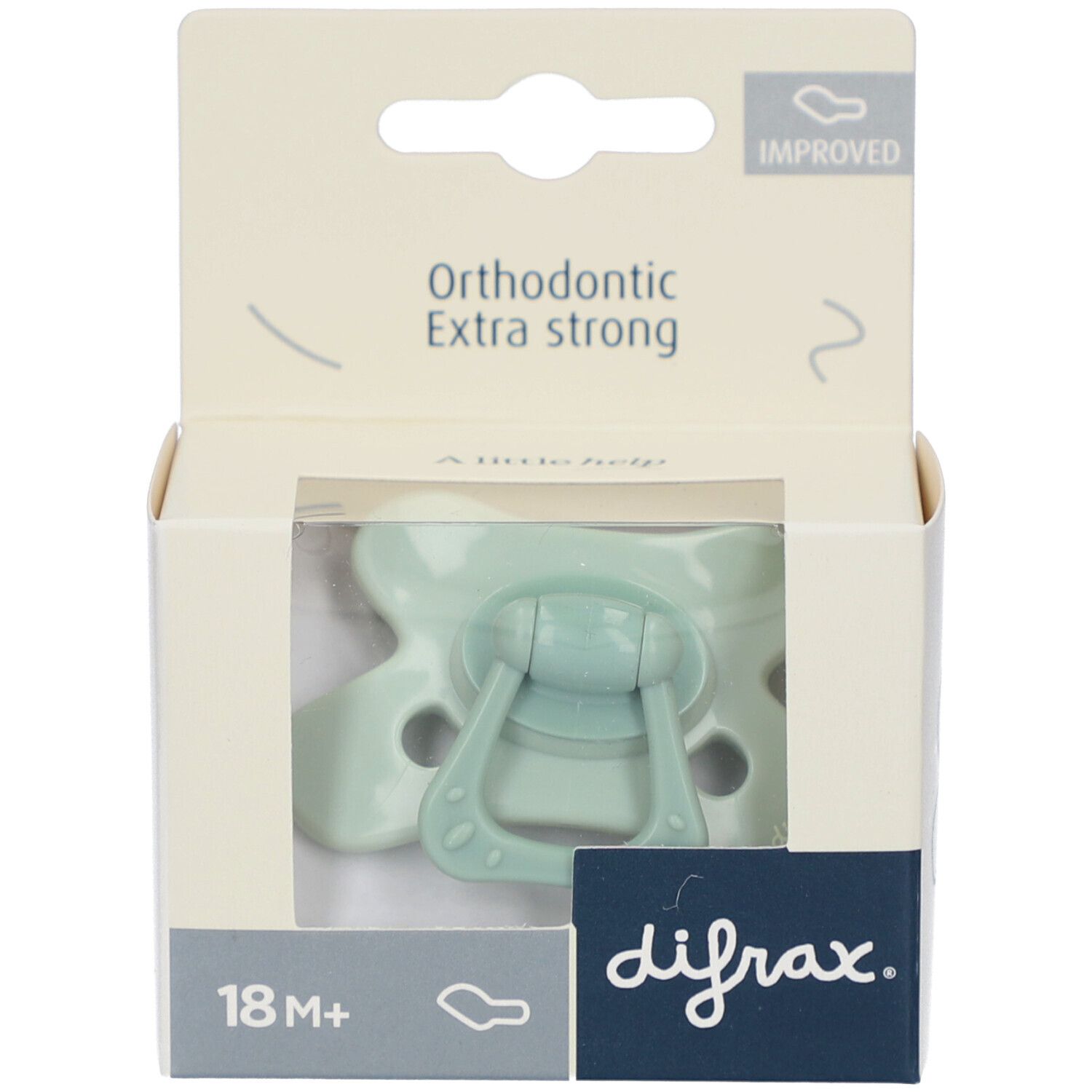 Sucette verte dans emballage. Orthodontic Extra strong. Fenêtre transparente. 18 M+.
