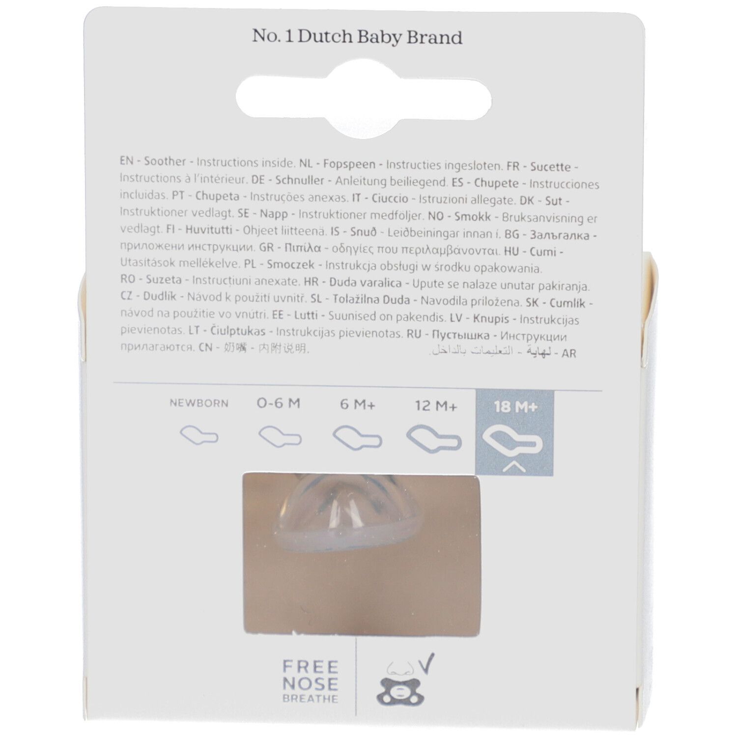 Dos de l'emballage. Texte multilingue. Fenêtre avec sucette. 18 M+.