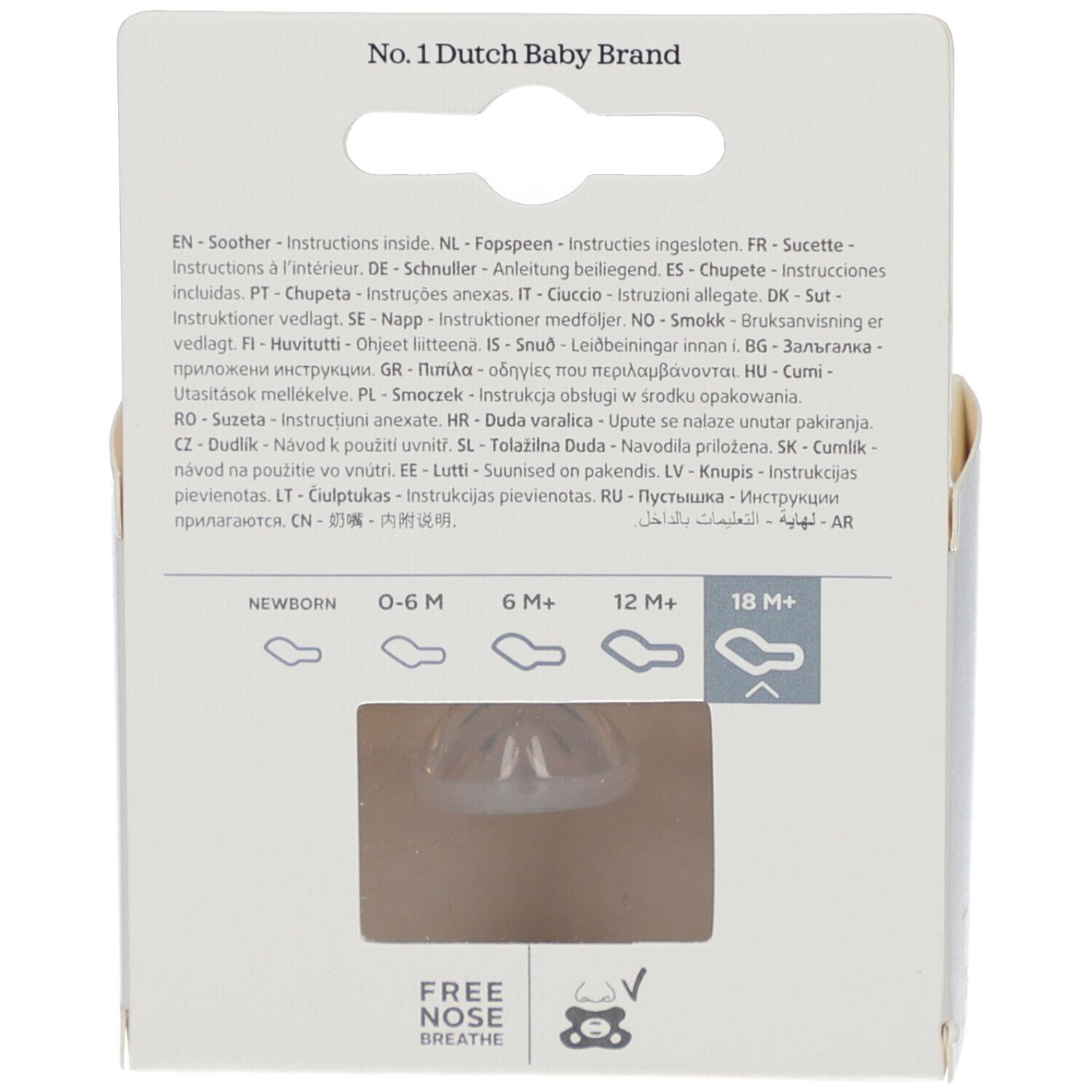 Dos de l'emballage. Texte multilingue. Fenêtre avec sucette. Recommandation d'âge: 18M+.