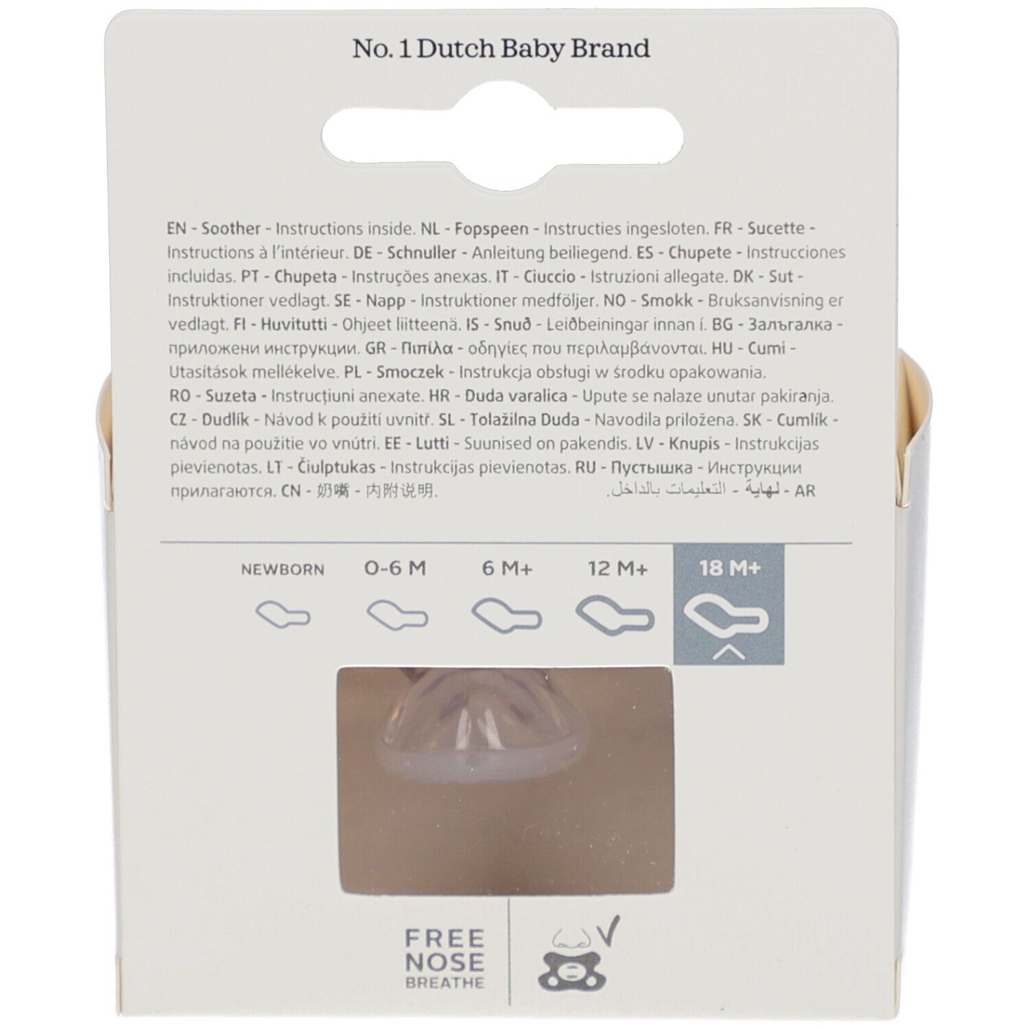 Dos de l'emballage. Texte multilingue. Visible : indications de taille de nouveau-né à 18M+.