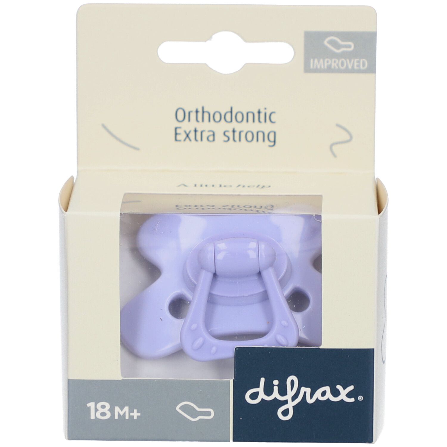 Sucette lilas dans emballage. Orthodontique, extra forte. Fenêtre transparente. Marque: difrax. 18M+.