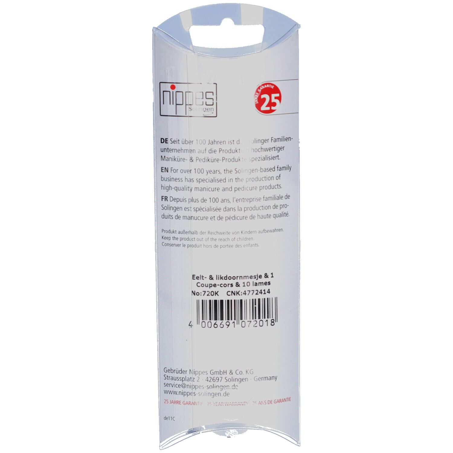 Dos de l'emballage. Texte en allemand, anglais et français. Logo et nom du produit. Garantie 25 ans.