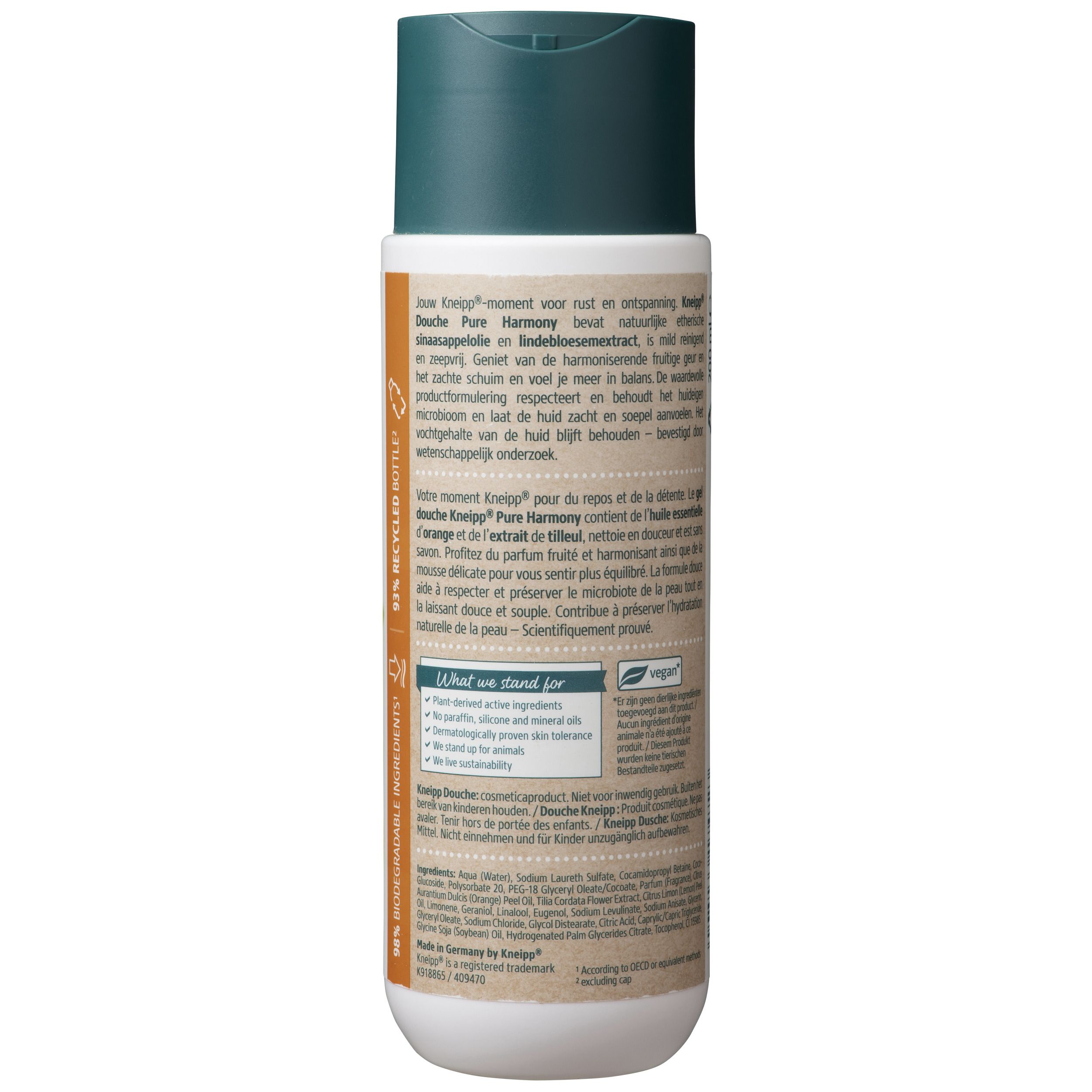 Dos du flacon Kneipp Douche Pure Harmony. Texte multilingue. Flacon blanc avec bouchon vert. Logo vegan.