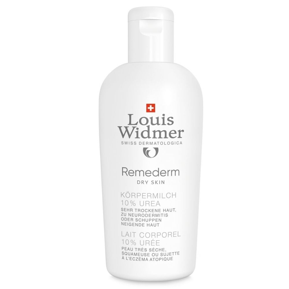 Flacon blanc à bouchon rabattable. Inscriptions: Louis Widmer, Remederm, 10% Urée. Croix suisse.