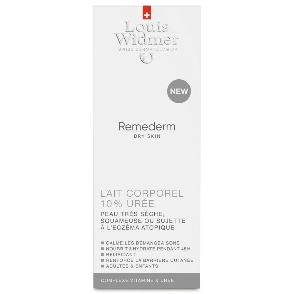 Emballage du produit. Inscriptions: Louis Widmer, Remederm, 10% Urée. Nouveau produit.