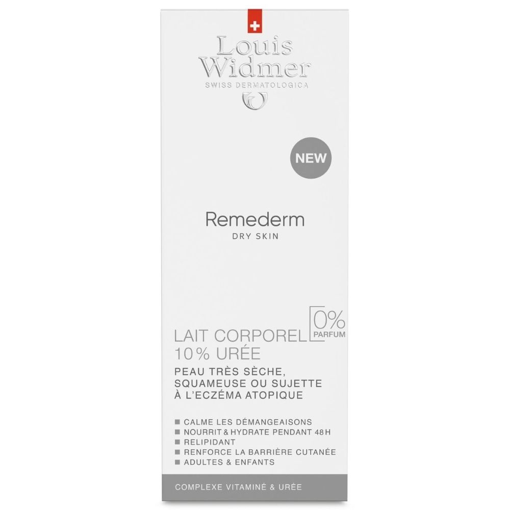 Emballage LOUIS WIDMER Remederm Lait Corporel 10% Urée. Peau très sèche. 0% Parfum. Blanc avec croix rouge. Nouveau.
