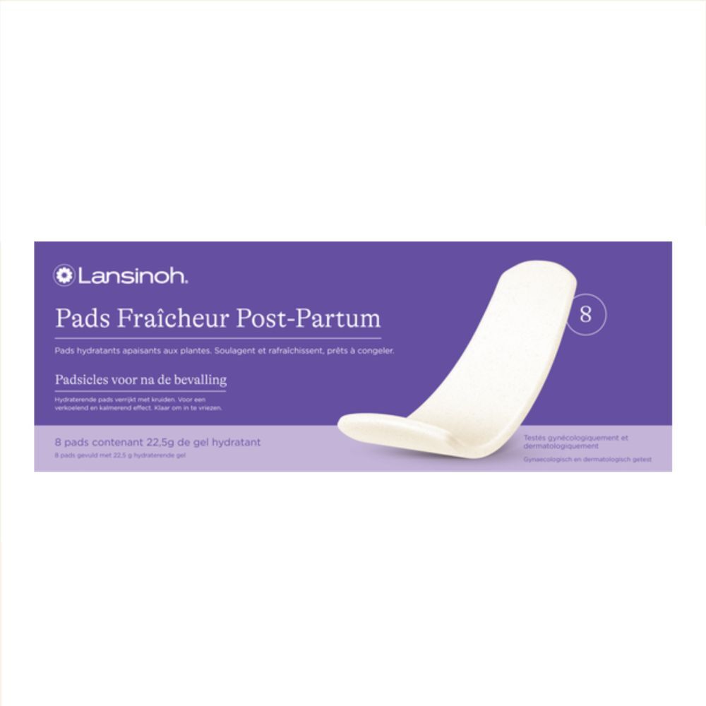 Boîte de 8 pads. Inscription : Lansinoh Pads Fraîcheur Post-Partum. Pad blanc en premier plan.