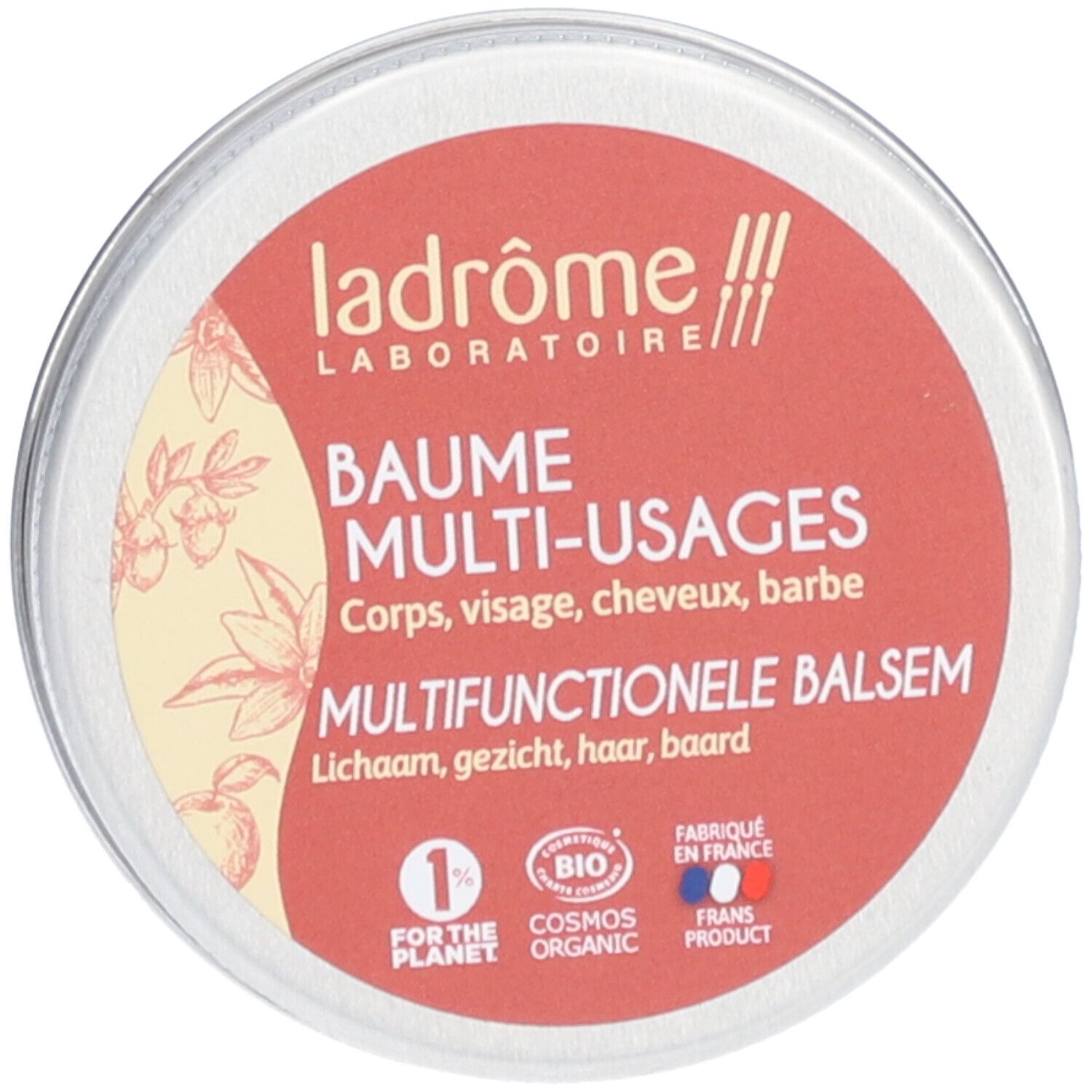 Boîte ronde avec étiquette rouge. Texte: Ladrôme Baume Multi-Usages BIO. Certifications: Cosmos Organic, 1% for the planet, Fabriqué en France.