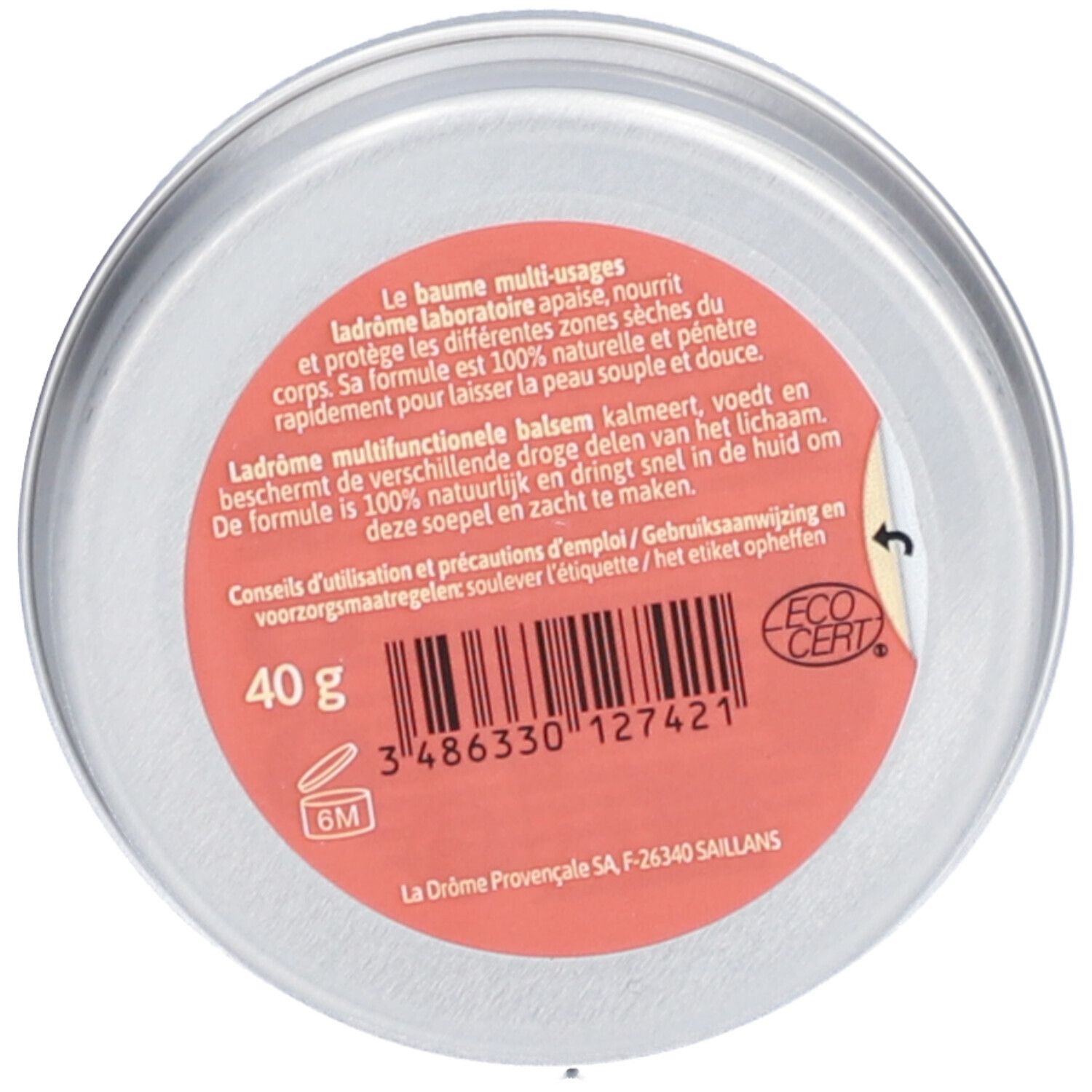 Boîte ronde, étiquette rouge avec texte. Contient 40 g. Texte: Ladrôme. Certification: Eco Cert. Code-barres et informations de production.
