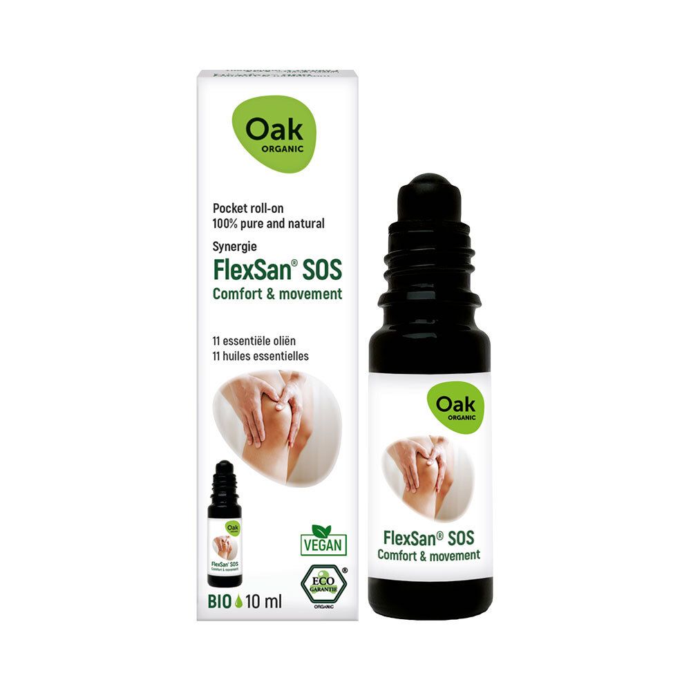Emballage et flacon avec applicateur roll-on. Emballage avec nom du produit FlexSan® SOS, logo Oak Organic et label Vegan. Flacon: 10 ml.