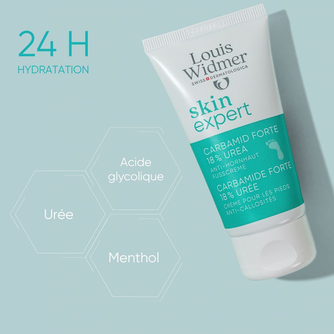 Emballage et tube du produit. Contient 18% d'urée. Crème pieds anti-callosités.