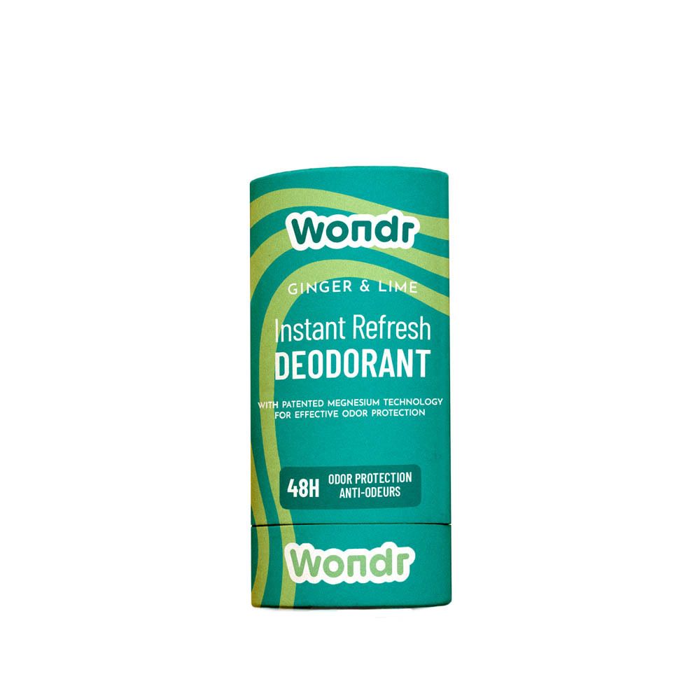 Emballage cylindrique de Déodorant Wondr Instant Refresh. Vert et turquoise. Inscription Wondr et informations produit.