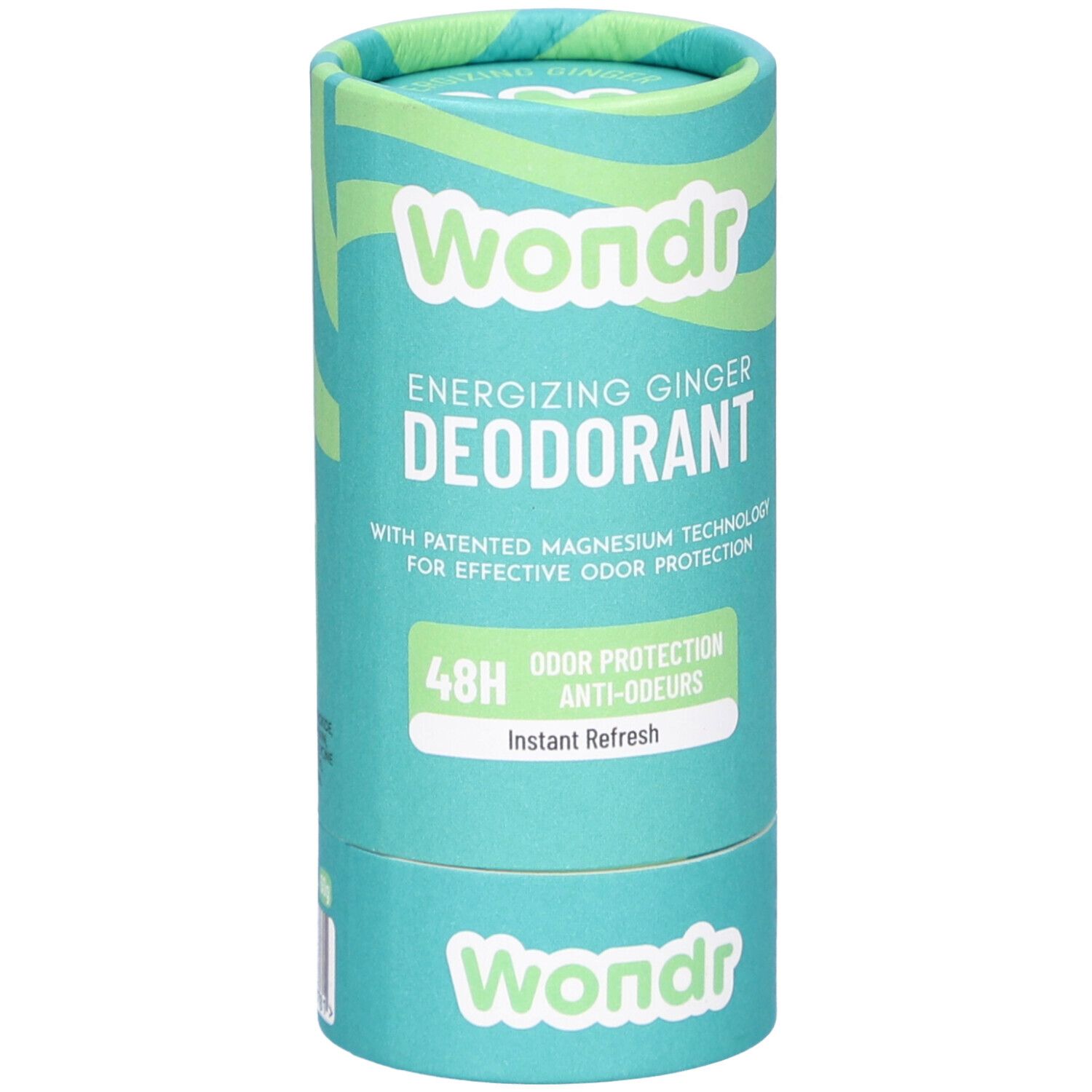 Emballage cylindrique de Déodorant Wondr Instant Refresh. Turquoise et vert. Inscription Wondr et informations produit.