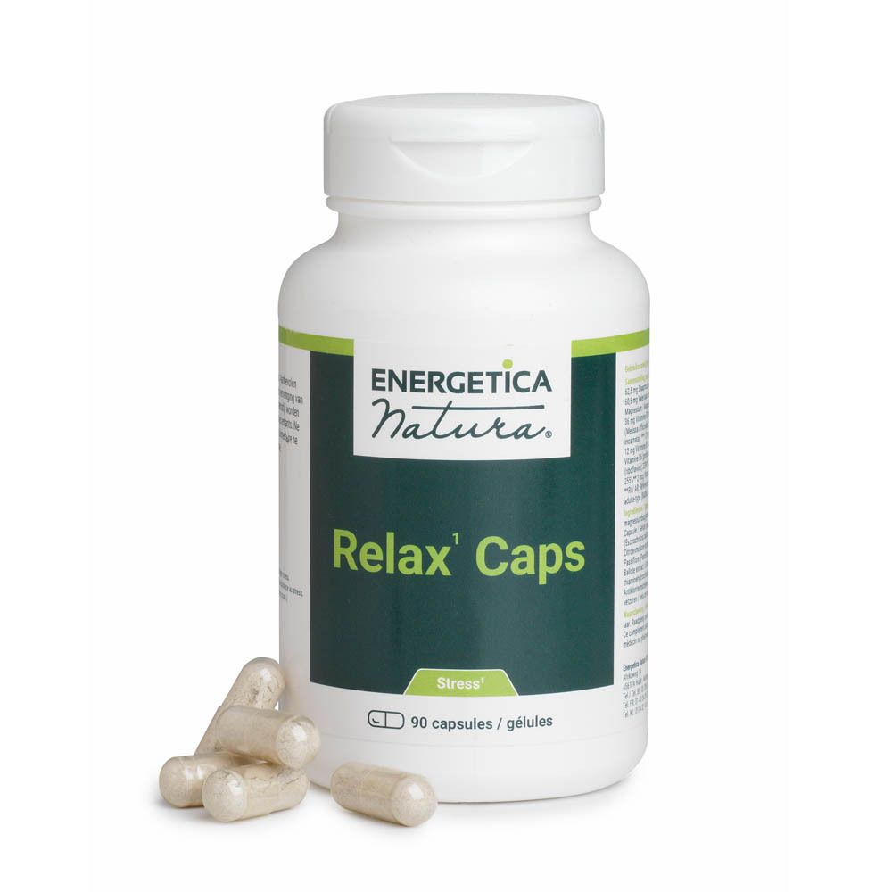 Flacon blanc avec accents verts. Inscription : Energetica Natura, Relax' Caps, 90 gélules. Gélules à côté.