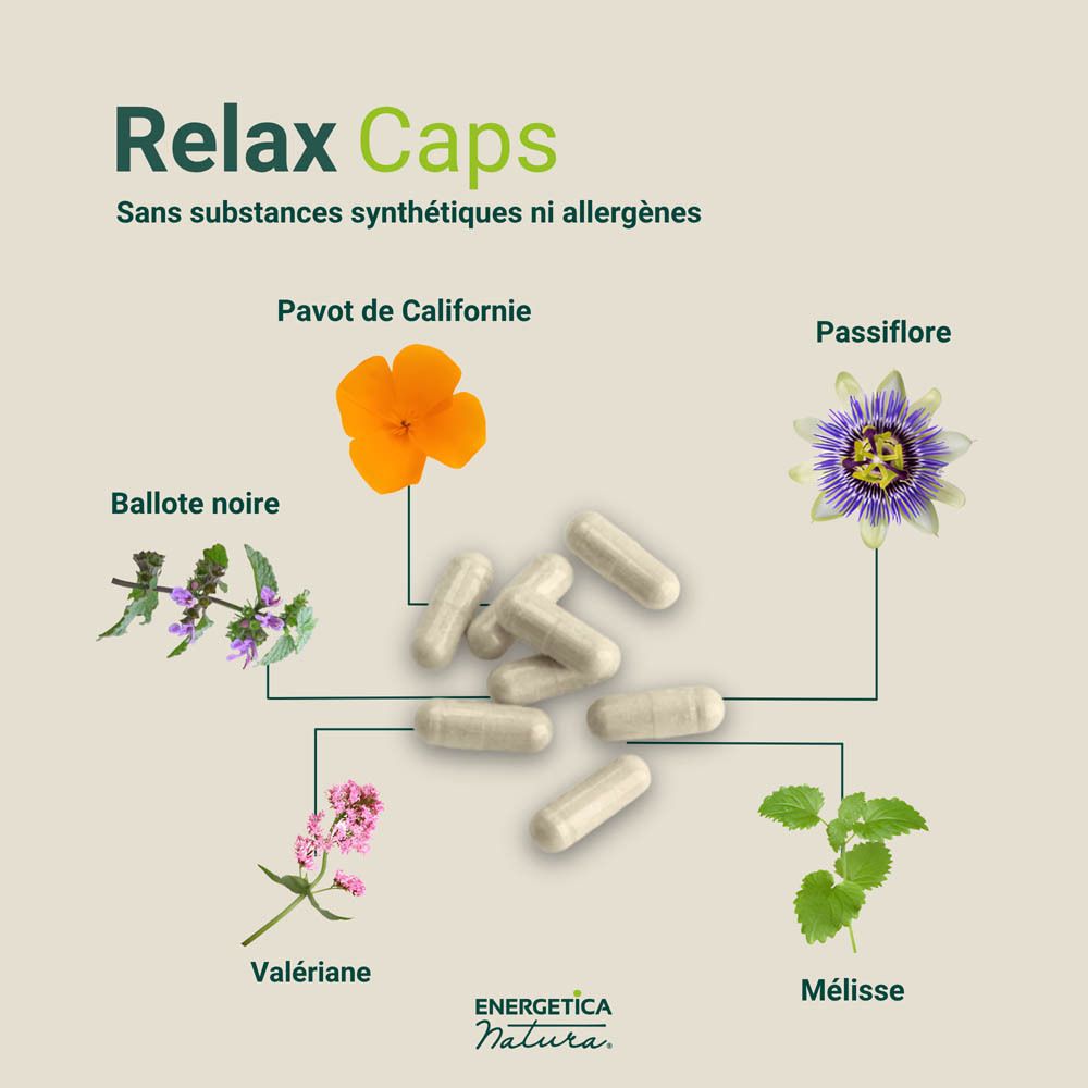 Bouteille Relax Caps Energetica Natura de 90 gélules, avec indications en français.