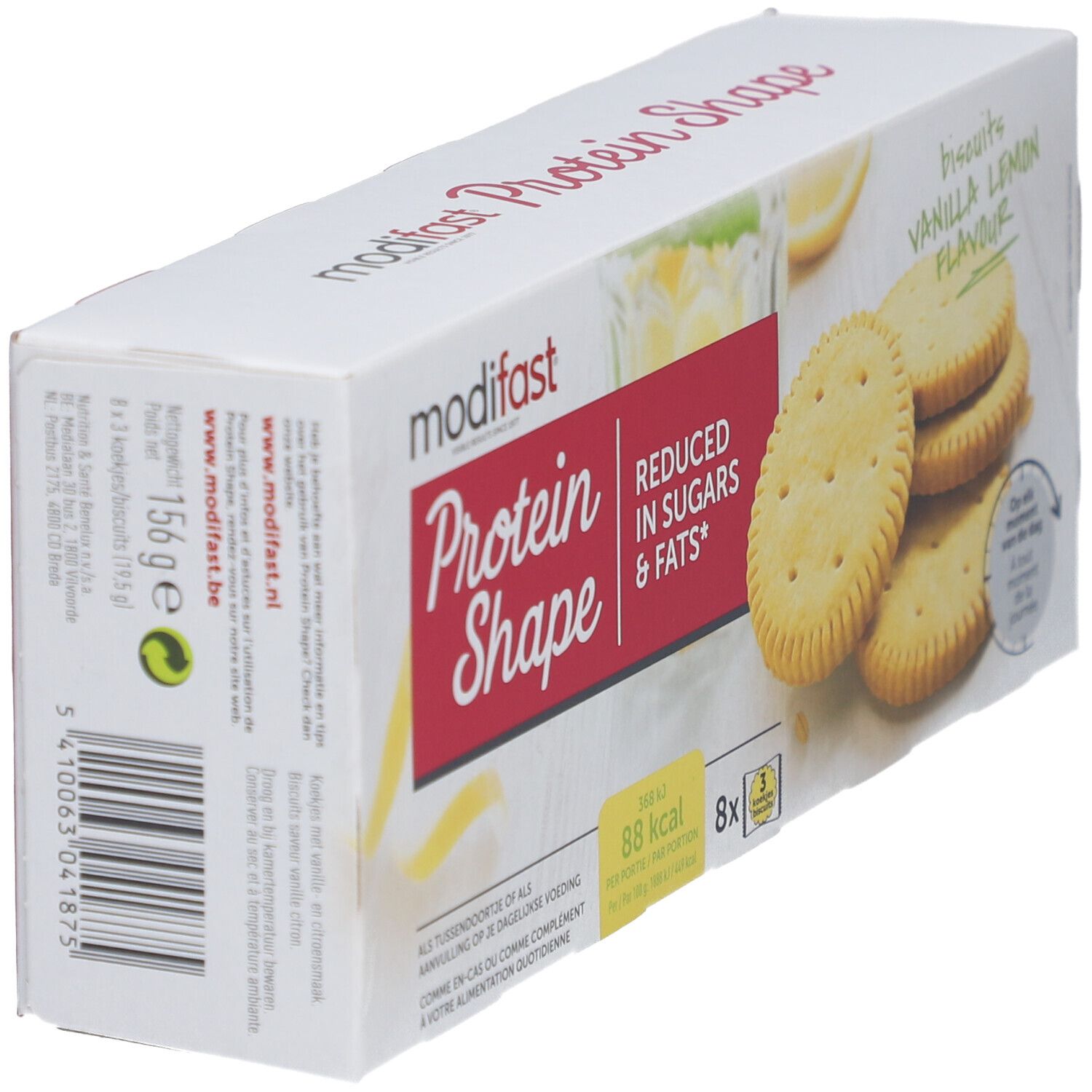 Boîte de biscuits Modifast Protein Shape. Saveur vanille citron, réduit en sucres et graisses. 8 biscuits.