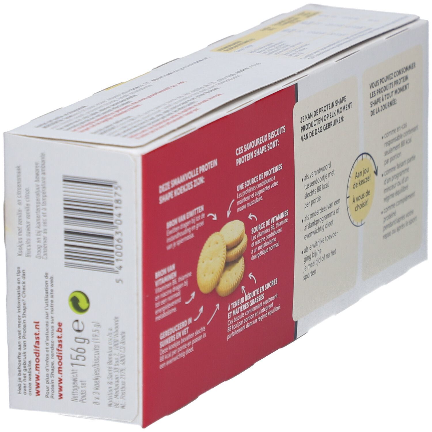 Dos de la boîte de biscuits Modifast Protein Shape. Texte en allemand, français, néerlandais. Informations nutritionnelles.