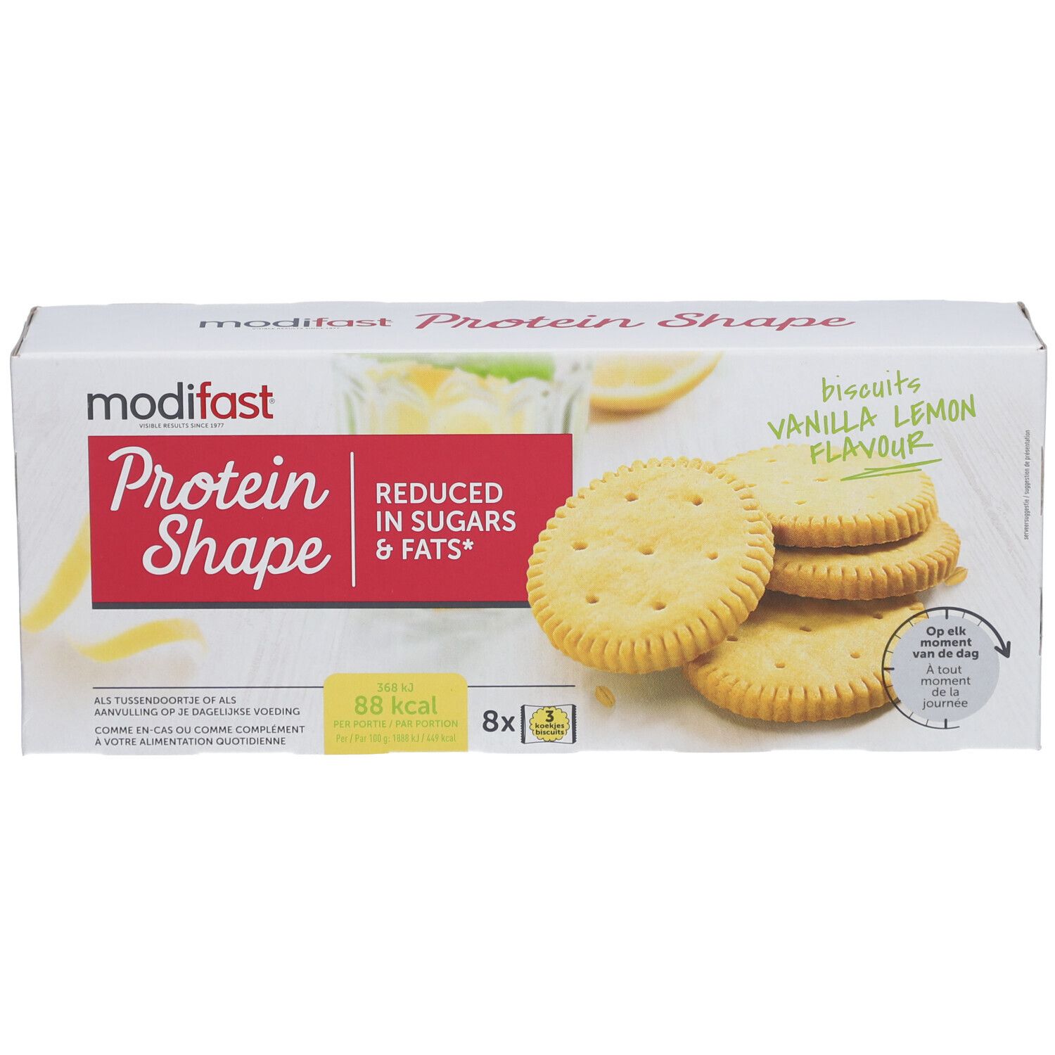 Boîte de biscuits Modifast Protein Shape. Saveur vanille citron, réduit en sucres et graisses. 8 biscuits.