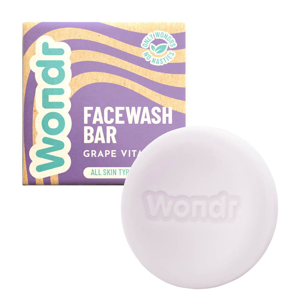 Produit et emballage "Wondr Grape Vitality Facewash Bar". Savon rond et carton.