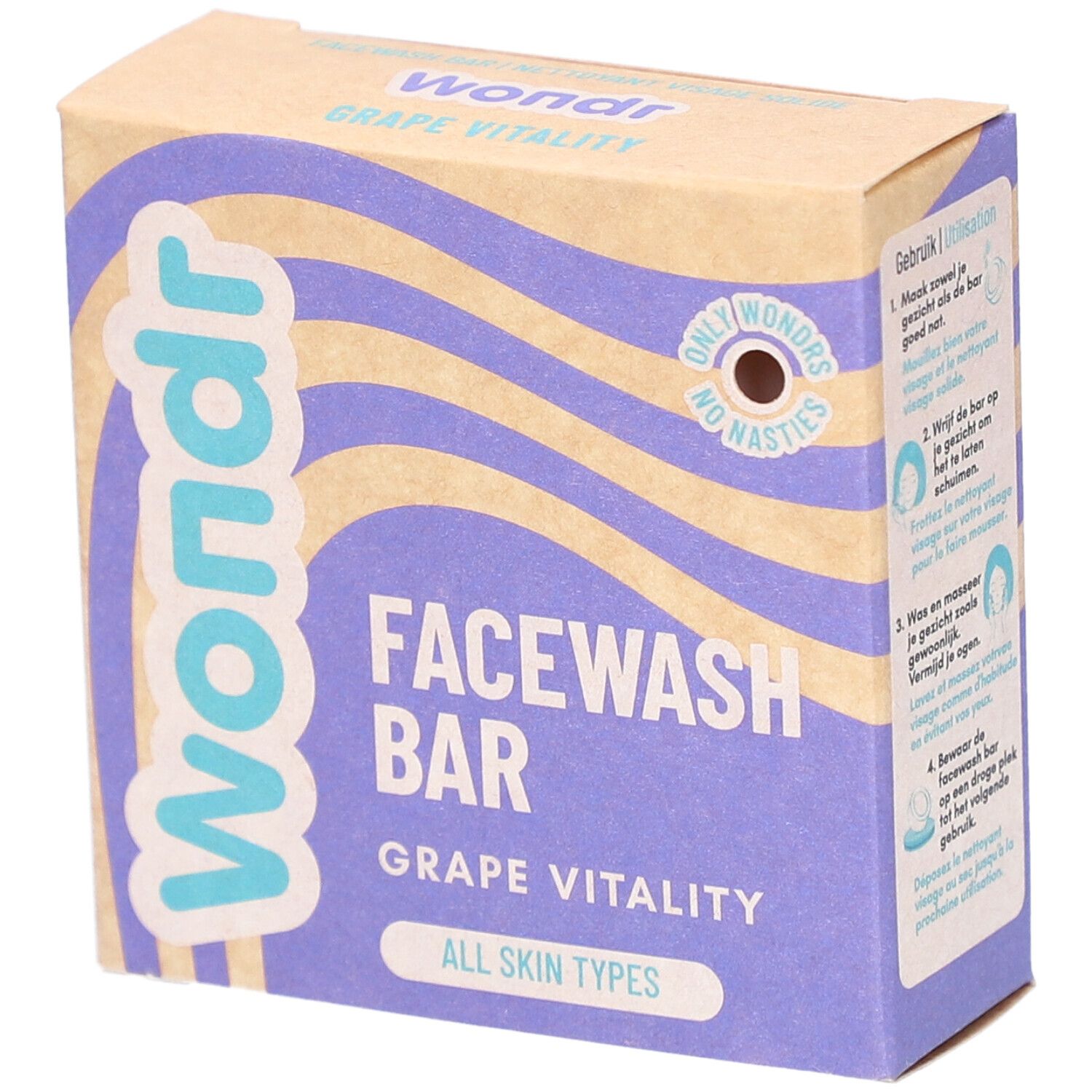 Boîte en carton "Wondr Grape Vitality Facewash Bar". Motif vagues violettes, logo et nom du produit.