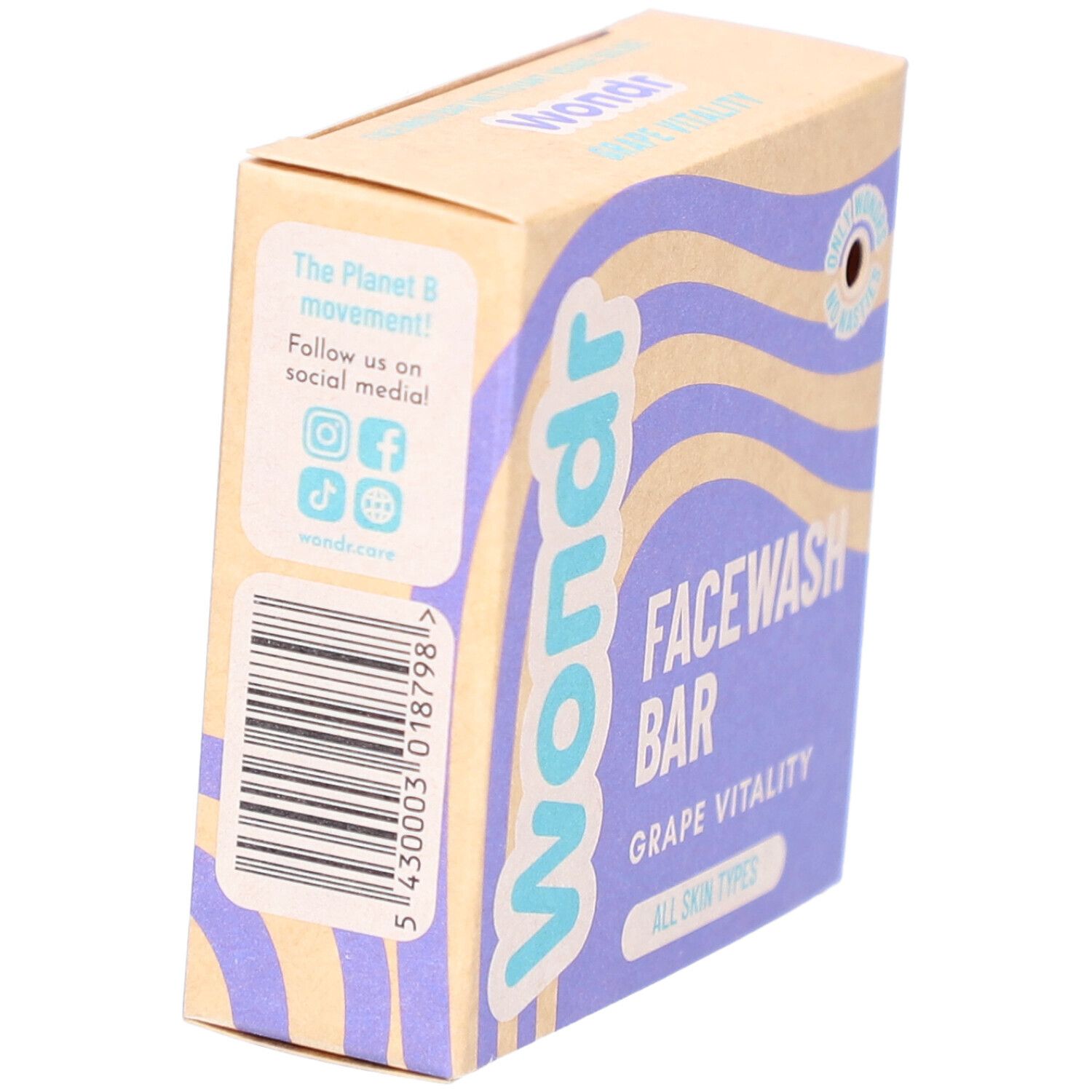 Boîte en carton "Wondr Grape Vitality Facewash Bar". Dos avec code-barres et icônes de médias sociaux.