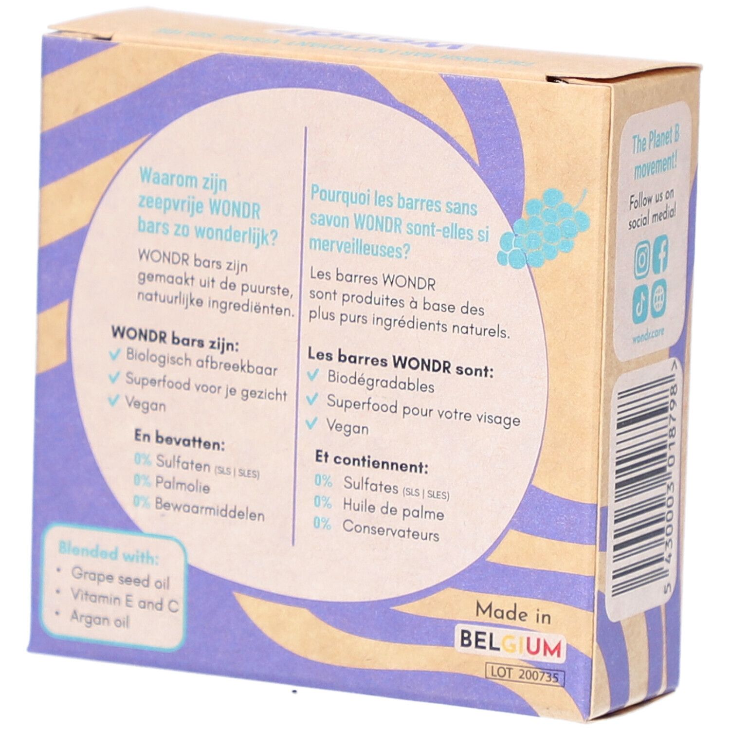 Dos de l'emballage "Wondr Grape Vitality Facewash Bar". Texte multilingue, ingrédients.