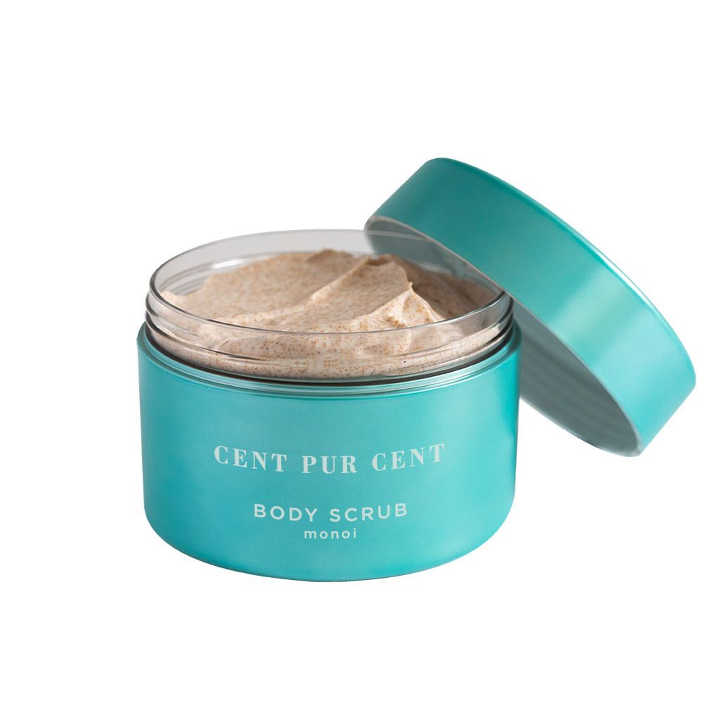 Pot turquoise ouvert avec gommage corporel. Inscription : CENT PUR CENT BODY SCRUB monoi.