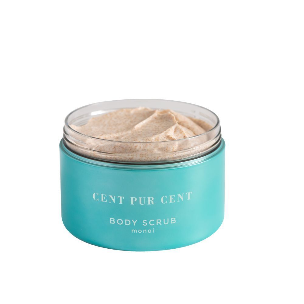 Pot turquoise ouvert avec gommage corporel. Inscription : CENT PUR CENT BODY SCRUB monoi.