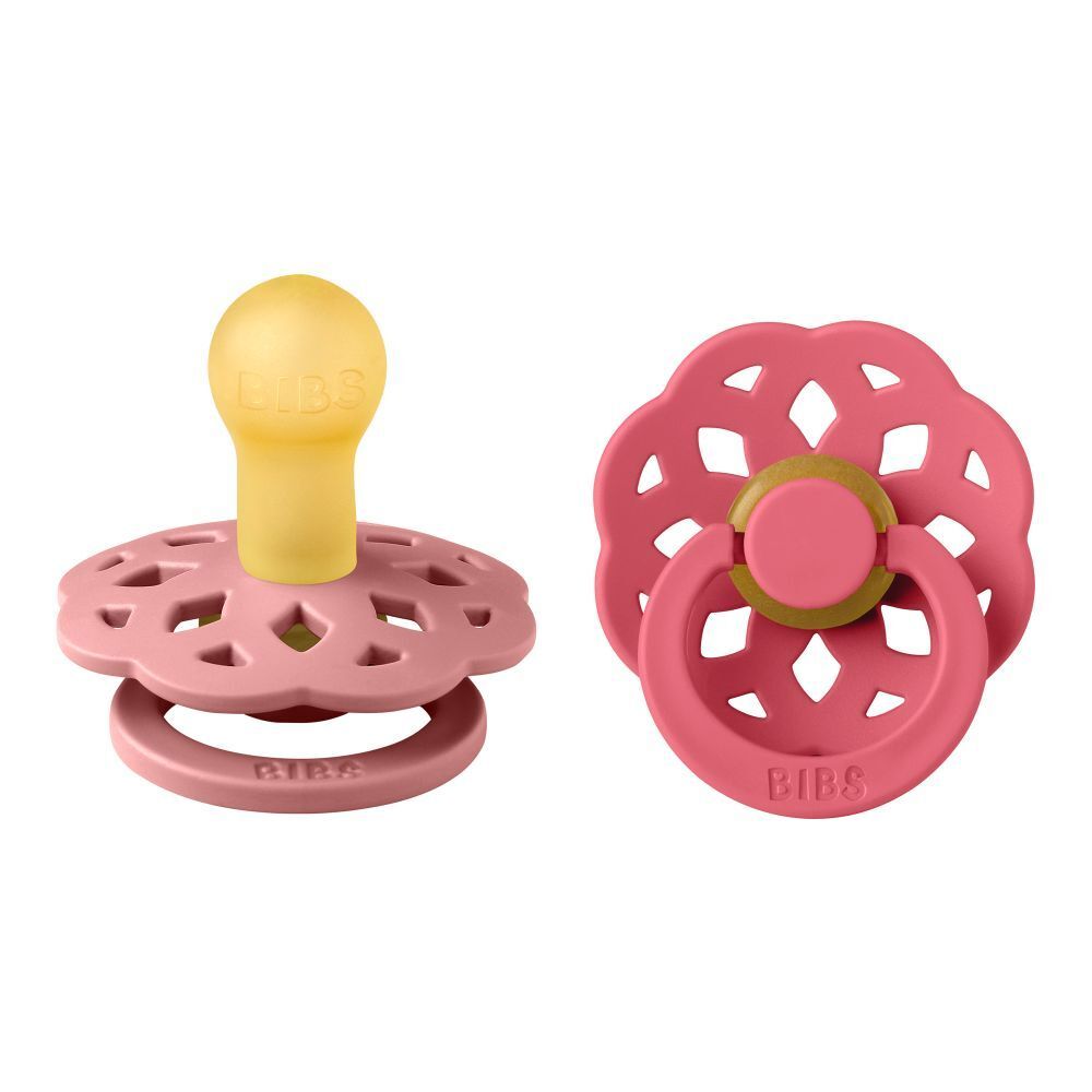 Deux sucettes BIBS Boheme. Rose poussiéreux et Corail. Forme ronde, tétine en silicone, bouclier ajouré.