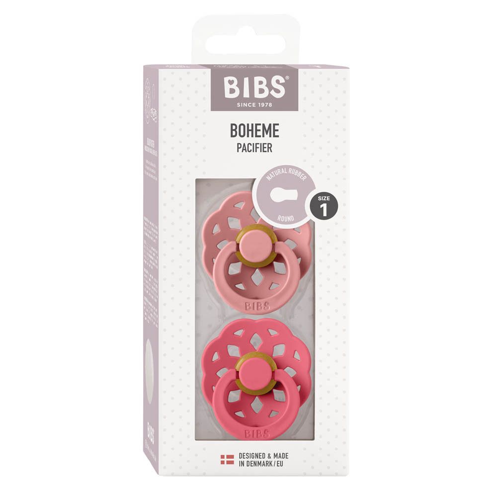 BIBS Boheme, duo de sucettes. Rose poussiéreux/Corail. Deux sucettes dans un emballage. Taille 1, 0-6 mois.