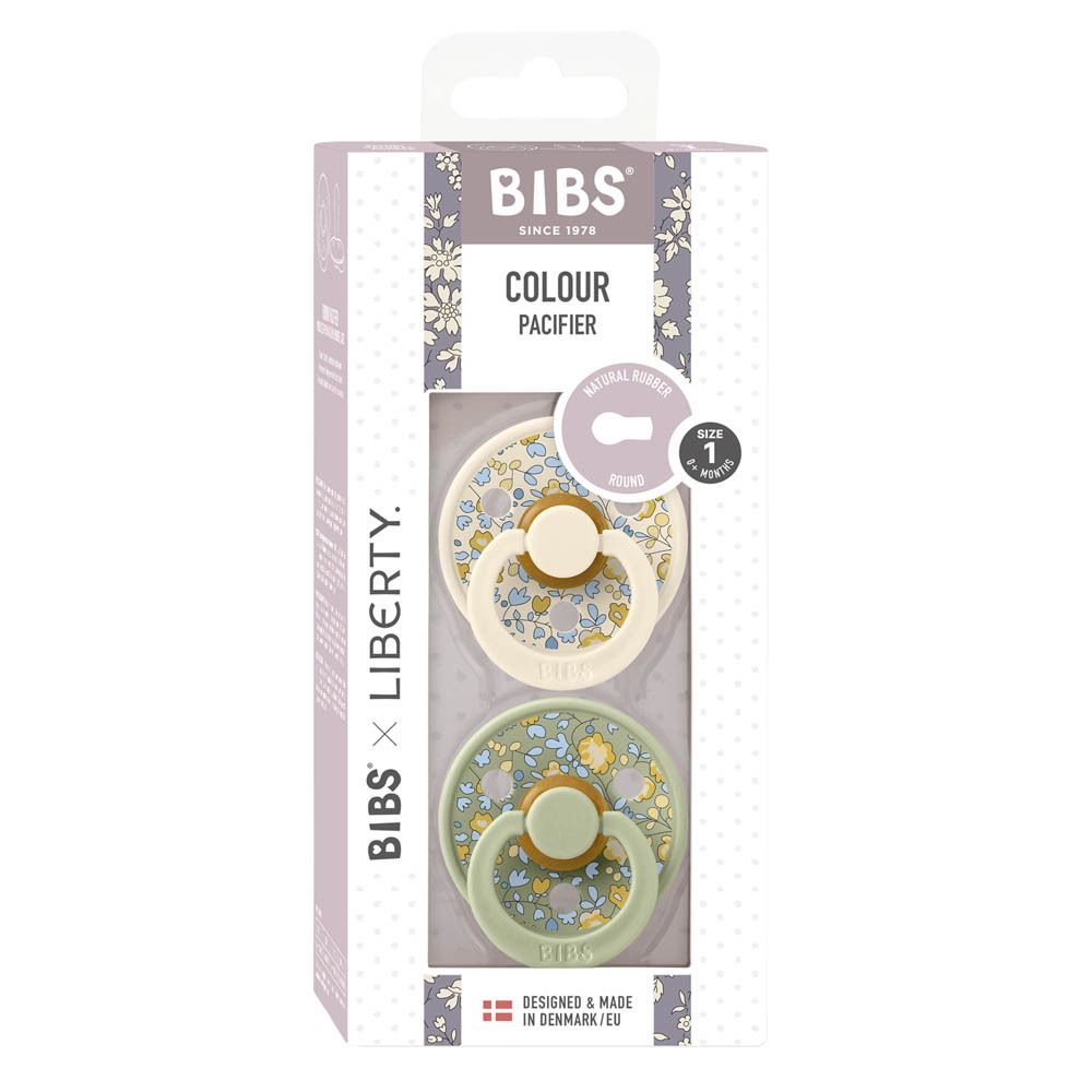 Emballage de deux sucettes. BIBS x Liberty. Taille 1. Imprimé floral. Fenêtre.
