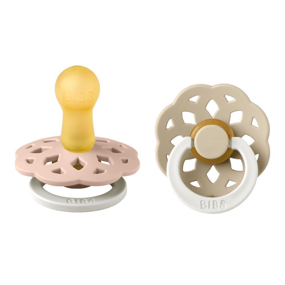 Deux sucettes BIBS Boheme. Rose et beige. Tétine jaune.