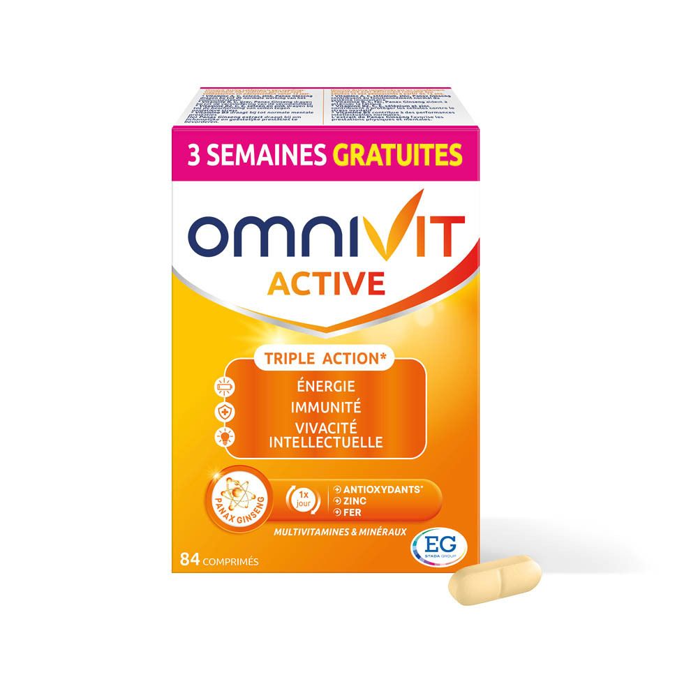 Boîte Omnivit Active avec comprimé. 84 comprimés. Inscription : 3 semaines gratuites. Design orange et jaune.