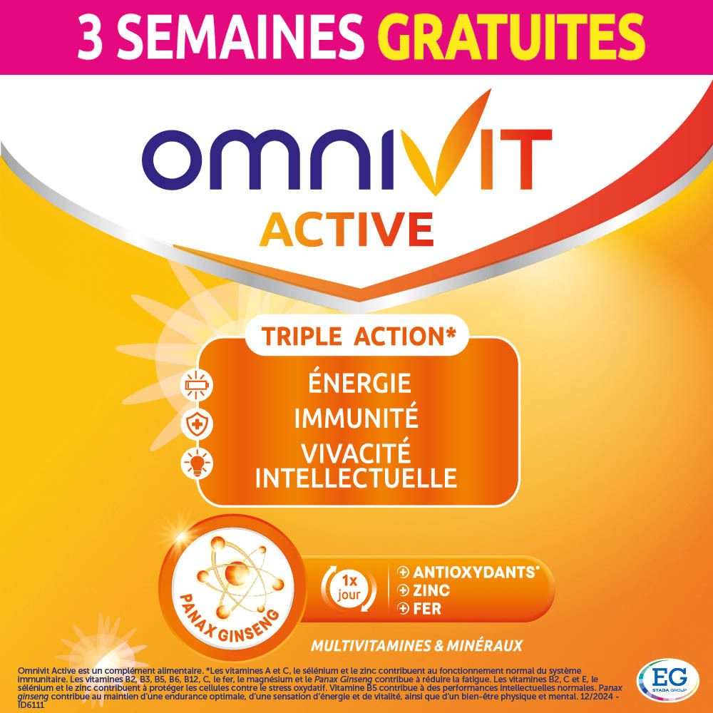 Boîte Omnivit Active, 84 comprimés. Inscription : 3 semaines gratuites. Design orange et jaune avec informations produit.
