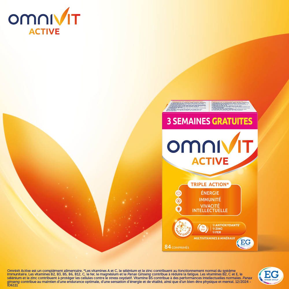 Boîte Omnivit Active, 84 comprimés. Inscription : 3 semaines gratuites. Design orange et jaune avec informations produit.