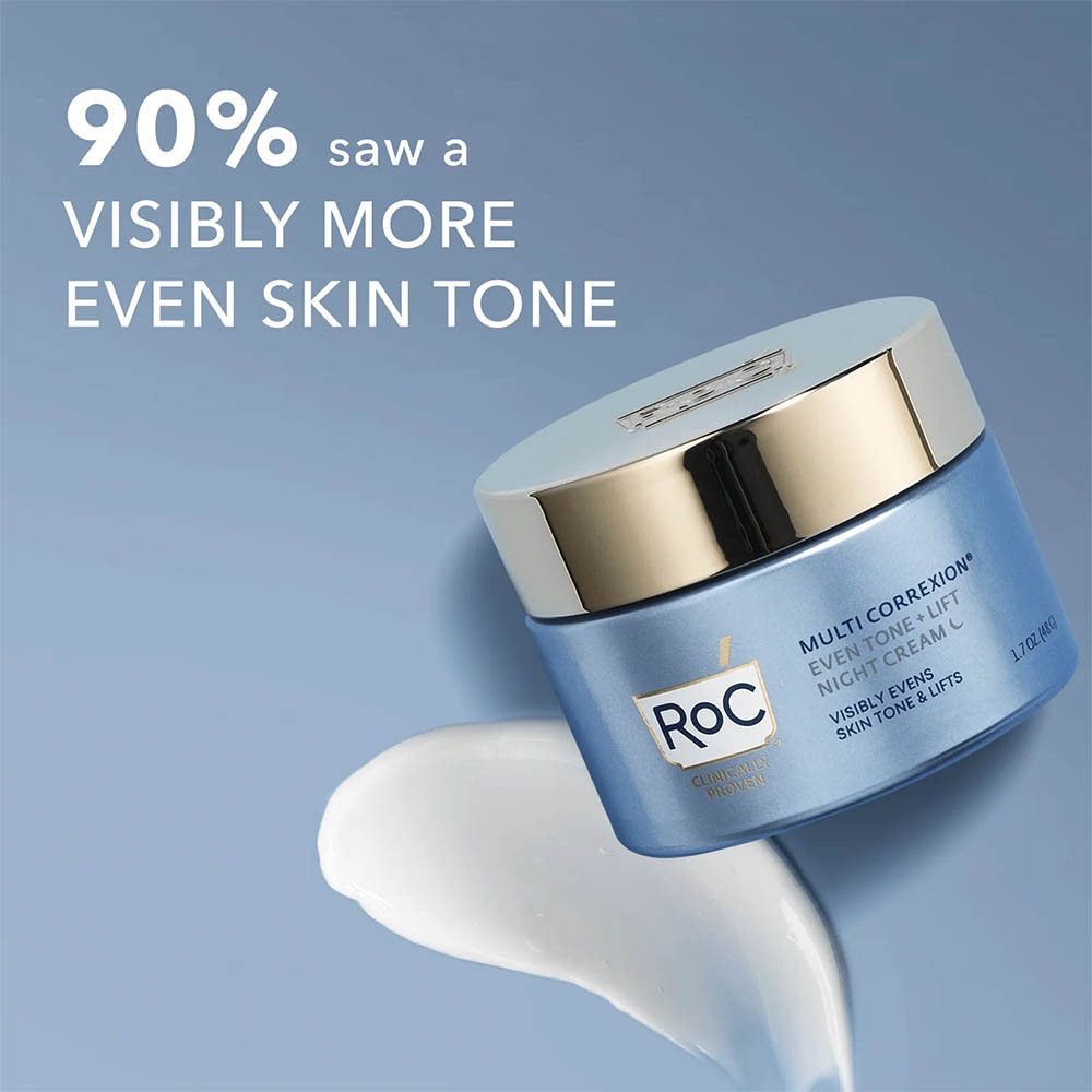 Produit avec texte et goutte de crème. Inscription : Roc, Multi Correxion, Even Tone + Lift, Night Cream.