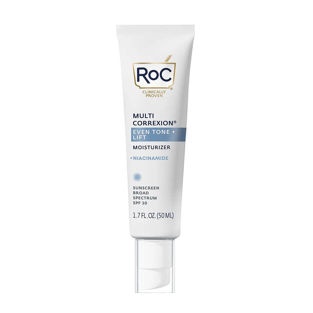 Tube avec pompe. Inscription : Roc Multi Correxion Even Tone+Lift Moisturizer + Niacinamide SPF30.
