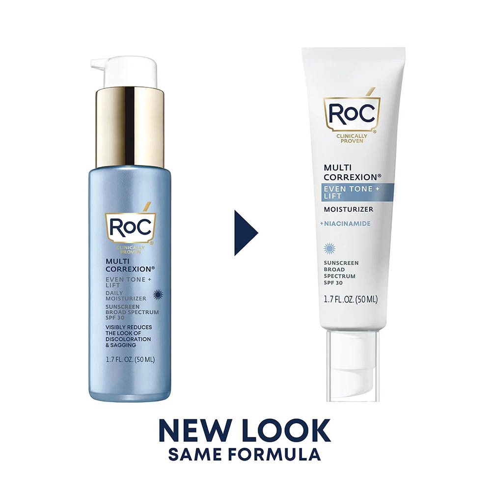 Comparaison : flacon et tube. Inscription : Roc Multi Correxion Even Tone+Lift Moisturizer.