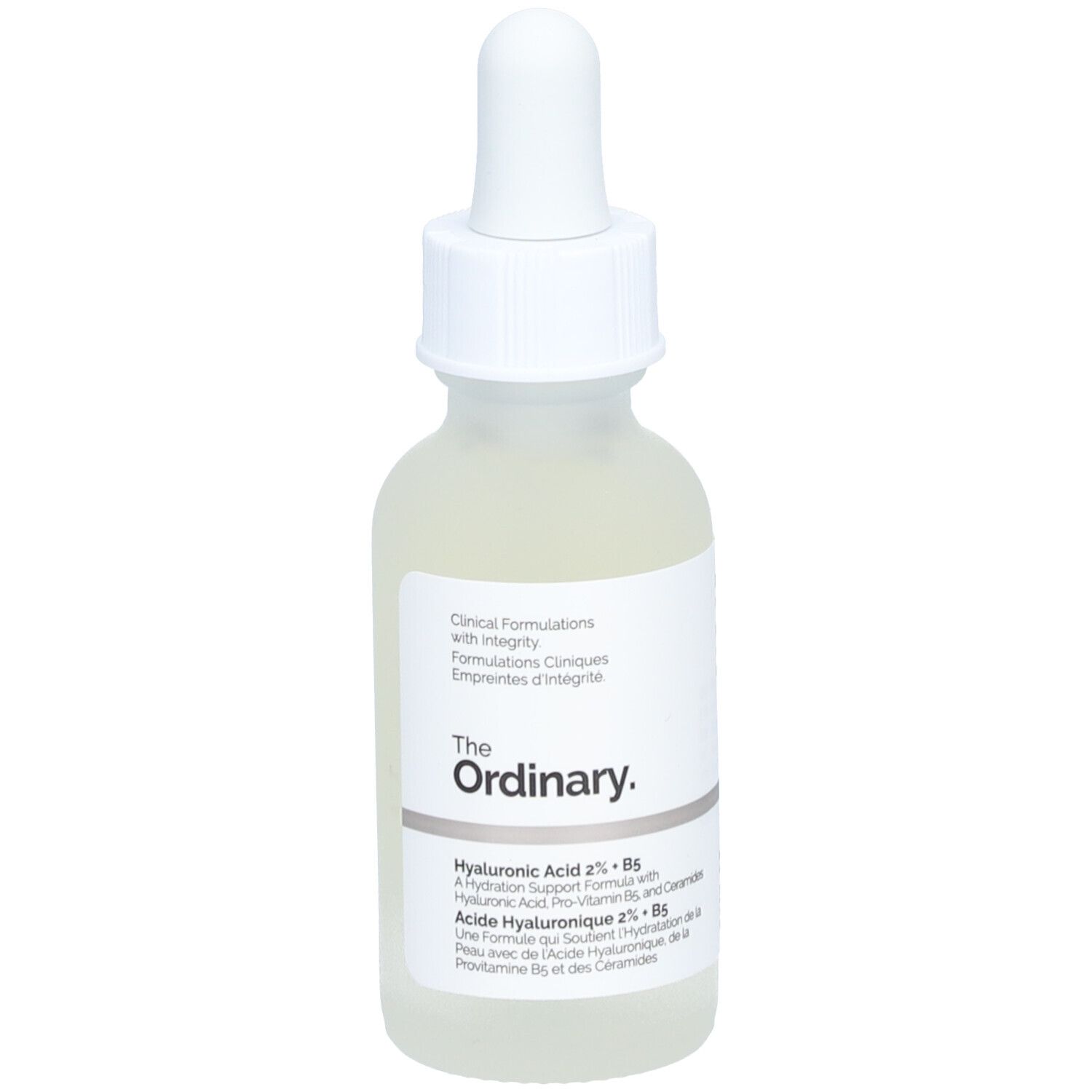Sérum The Ordinary Hyaluronic Acid 2% + B5 dans un flacon en verre avec compte-gouttes.