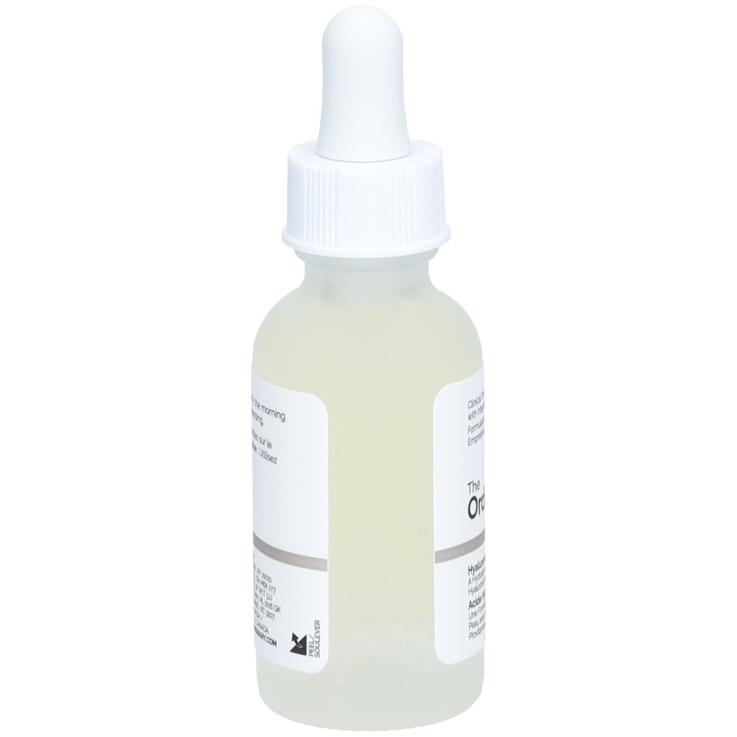 Arrière du flacon de sérum The Ordinary Hyaluronic Acid 2% + B5 avec étiquette.