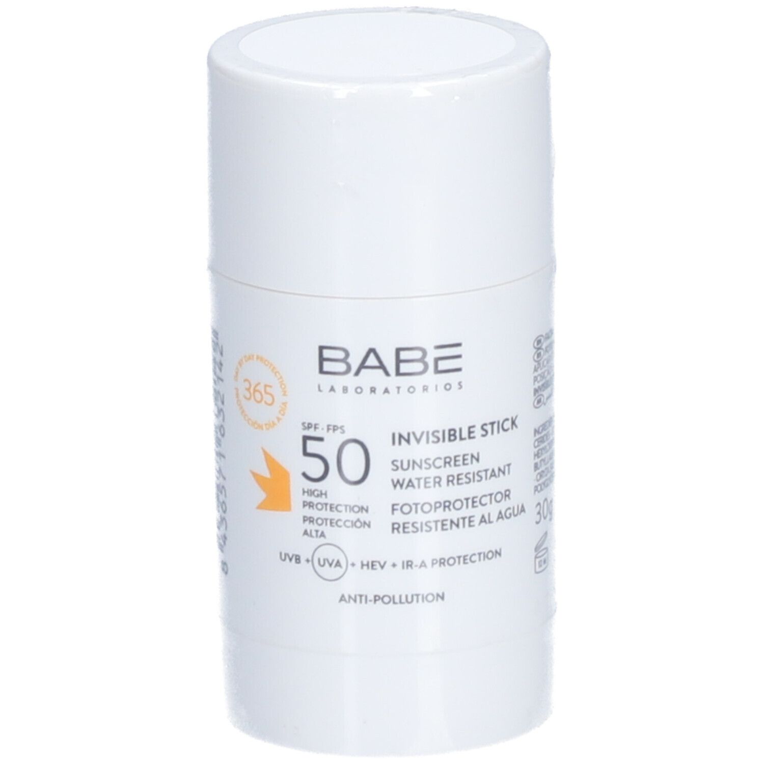 Stick solaire blanc cylindrique SPF 50. Inscription: BABÉ, Invisible Stick, résistant à l'eau.