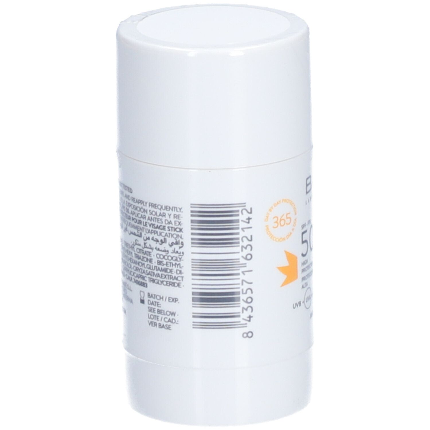 Stick solaire blanc cylindrique. Dos avec code-barres et texte. Marque: BABÉ.