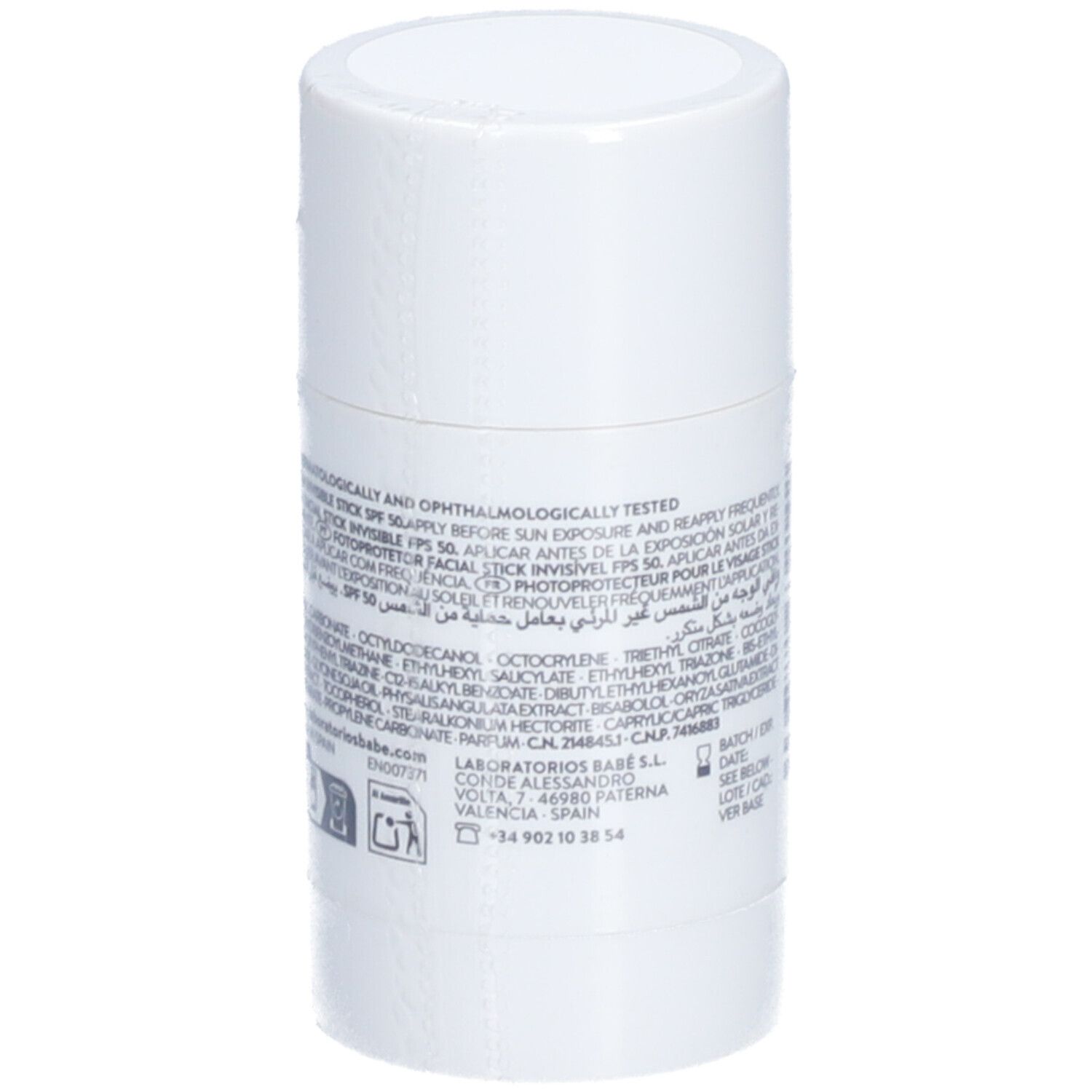 Stick solaire blanc cylindrique. Dos avec texte. Marque: BABÉ.