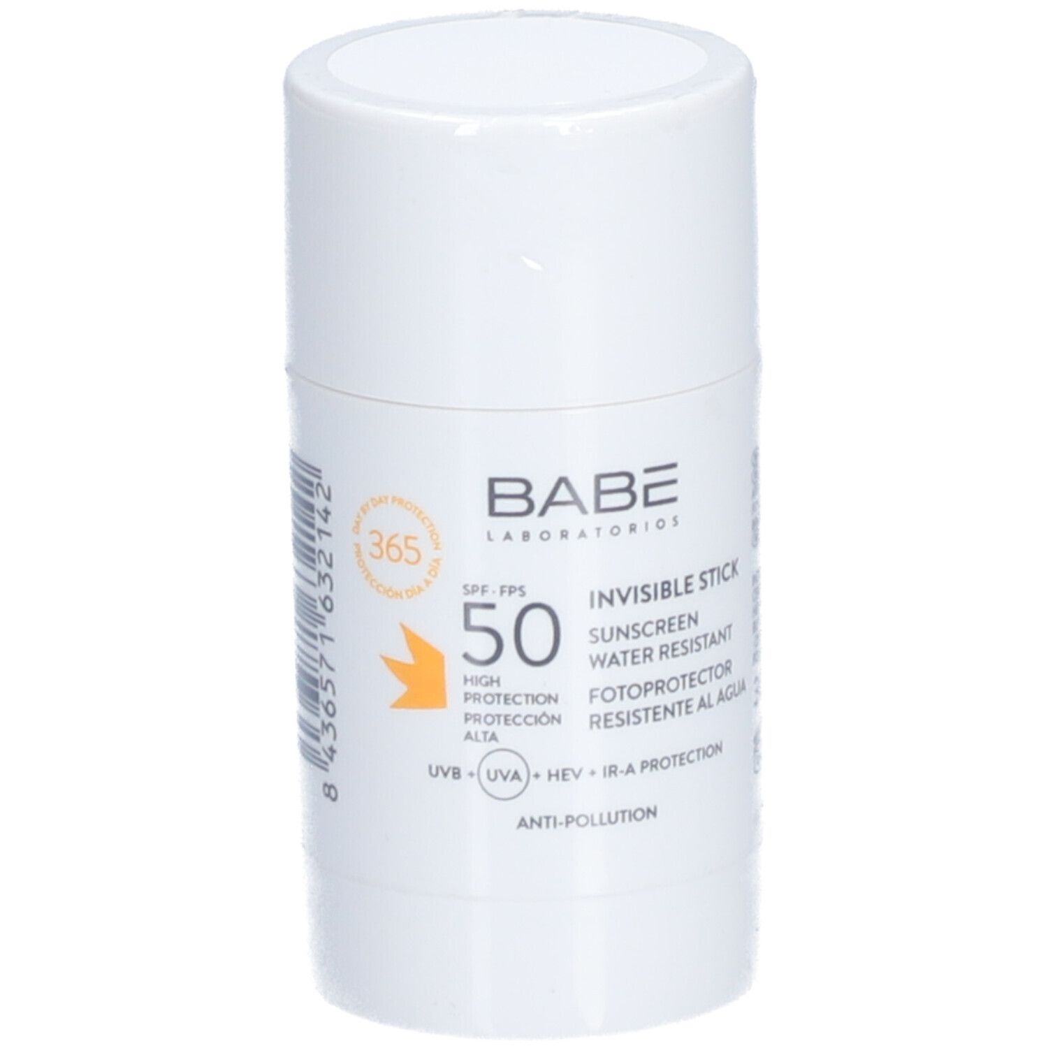 Stick solaire blanc cylindrique SPF 50. Inscription: BABÉ, Invisible Stick, résistant à l'eau.