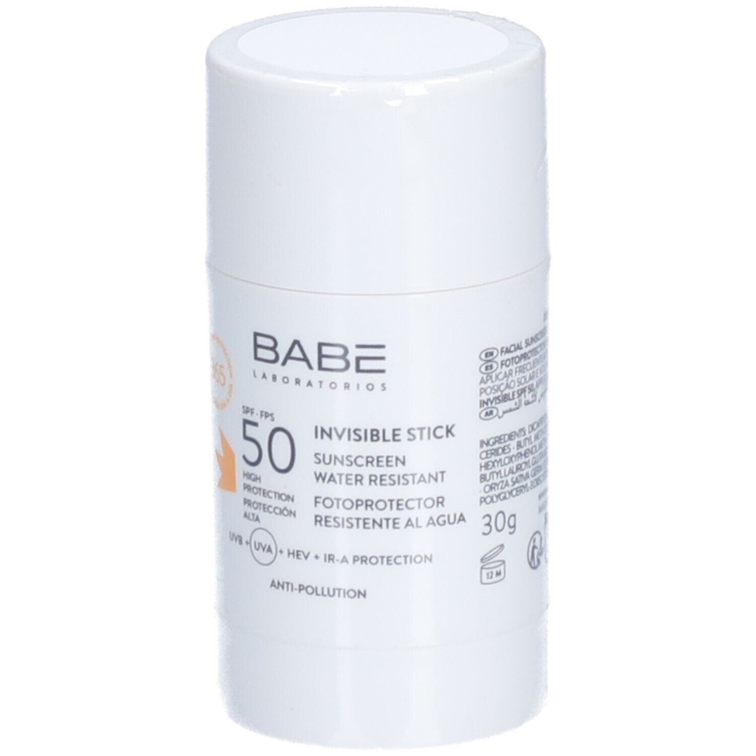 Stick solaire blanc cylindrique SPF 50. Inscription: BABÉ, Invisible Stick, résistant à l'eau, 30g.