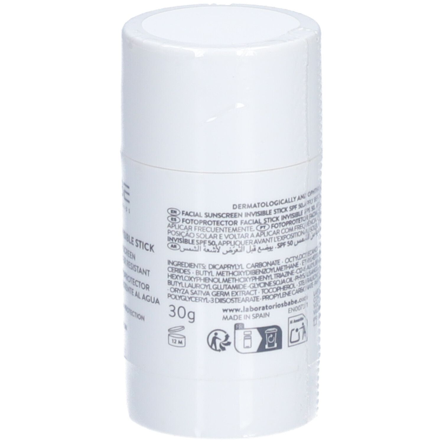 Stick solaire blanc cylindrique. Dos avec texte, 30g. Marque: BABÉ.