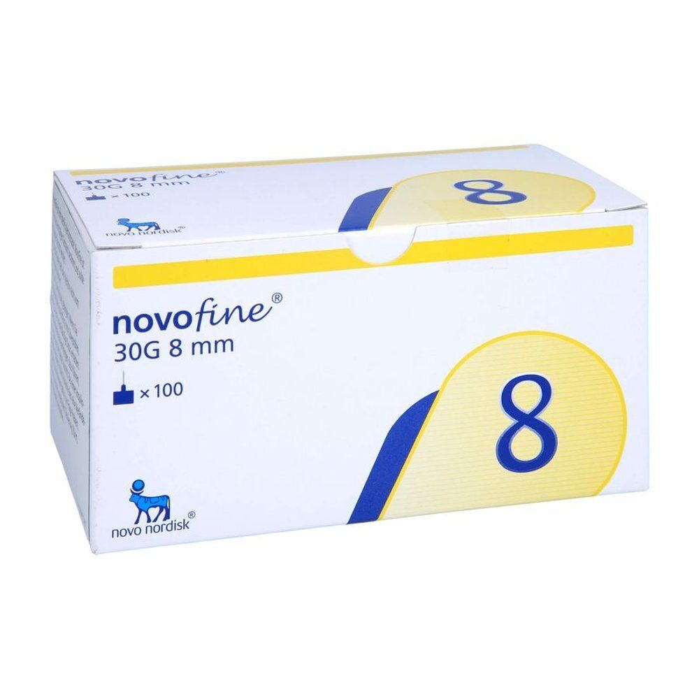 Boîte Novofine Aiguilles 30G 8 mm. Éléments jaunes et bleus. Grand chiffre 8.