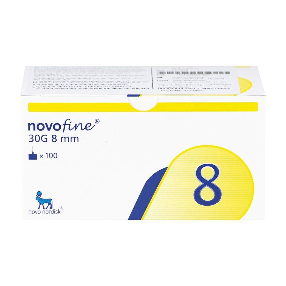 Dos de la boîte Novofine Aiguilles 30G 8 mm. Texte multilingue.