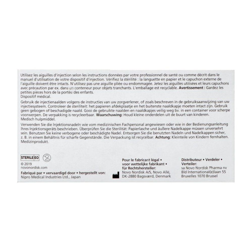 Dos de la boîte Novofine Aiguilles 30G 8 mm. Texte multilingue.