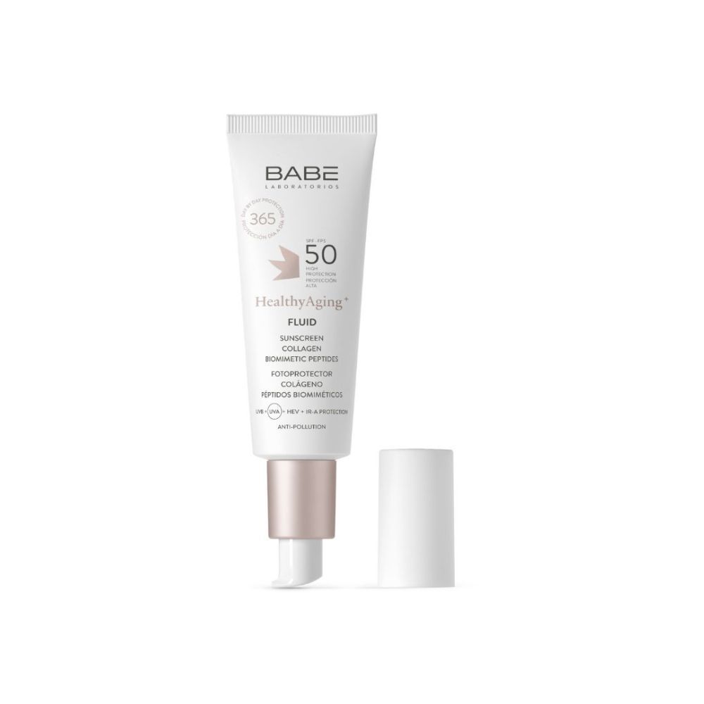 Tube blanche BABÉ HealthyAging+ Fluid SPF 50. Bouchon ouvert. Contient du collagène.
